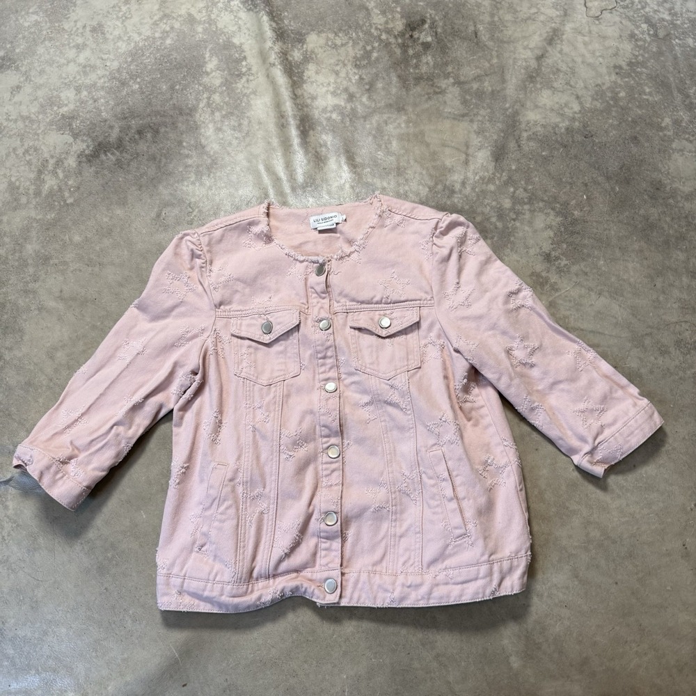Lili Sidonio Molly Bracken Jean Jacket Womens Sz L Pink Distressed Collar Stars
